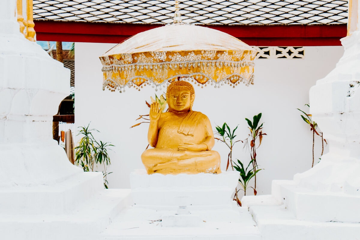 golden buddha under umbrella in temple in luang prabang lao