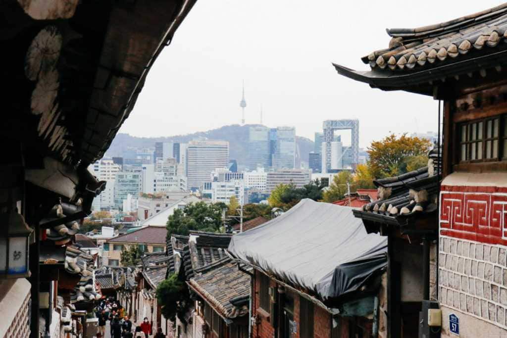 downhill view with seoul tower bukchon hanok village seoul korea
