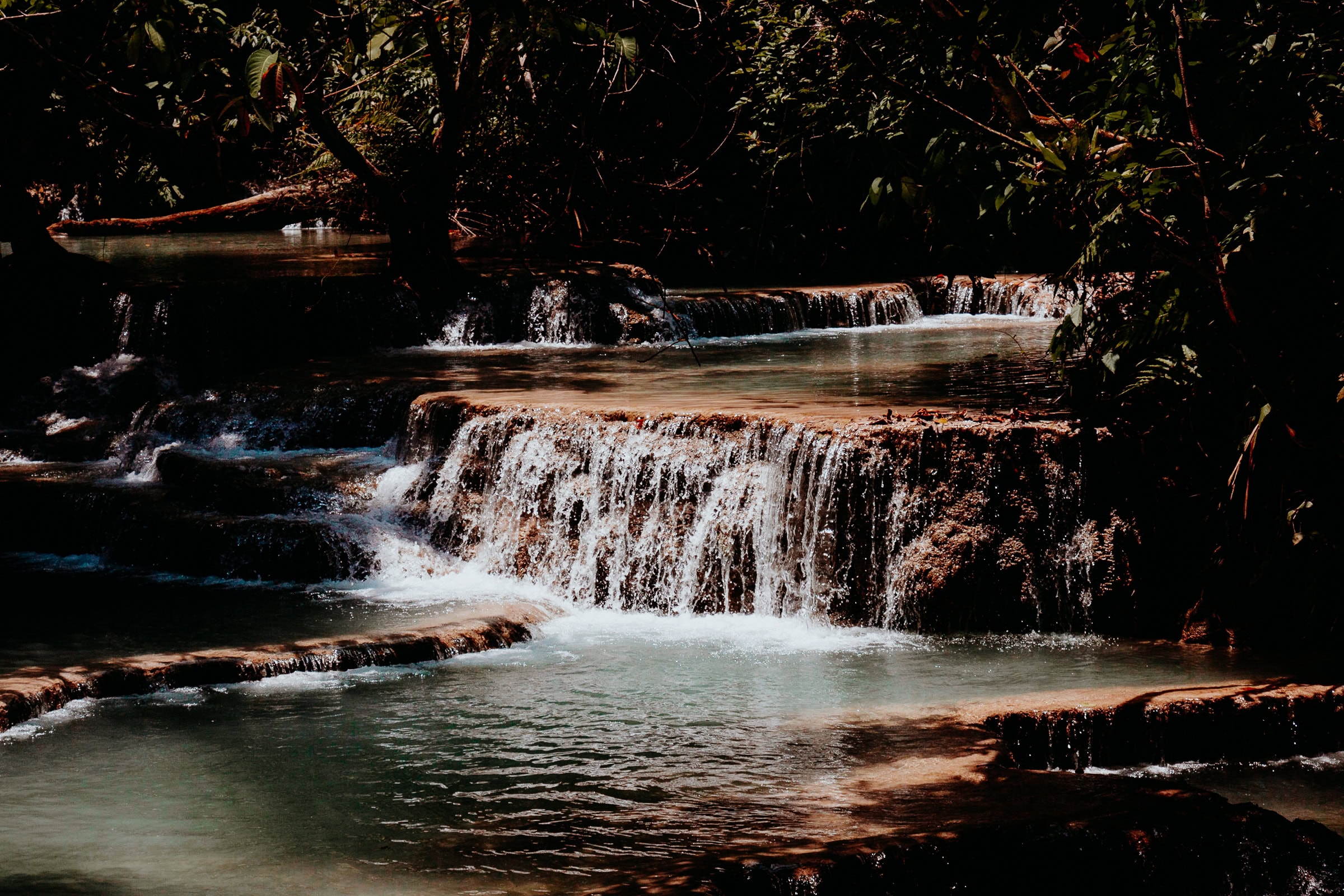 Kaskaden-Wasserfall im grünen Wald