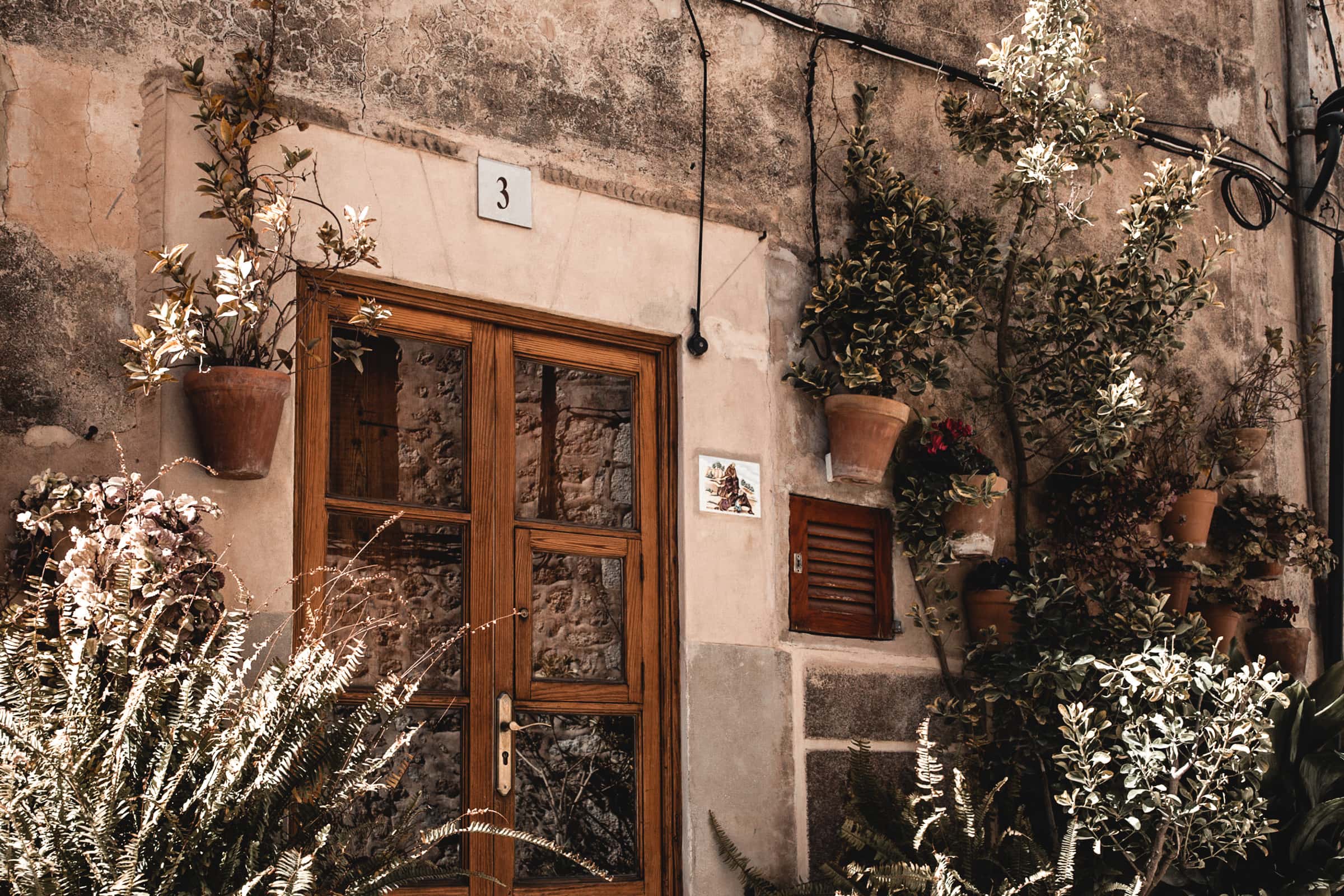 Valldemossa Mallorca Tür Blumen Blumentöpfe Dekoration