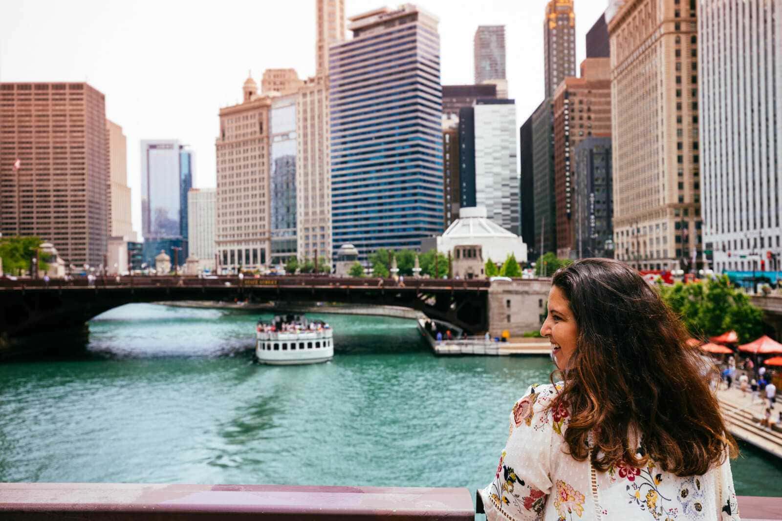 Chicago in summer view of Chicago River and skyline