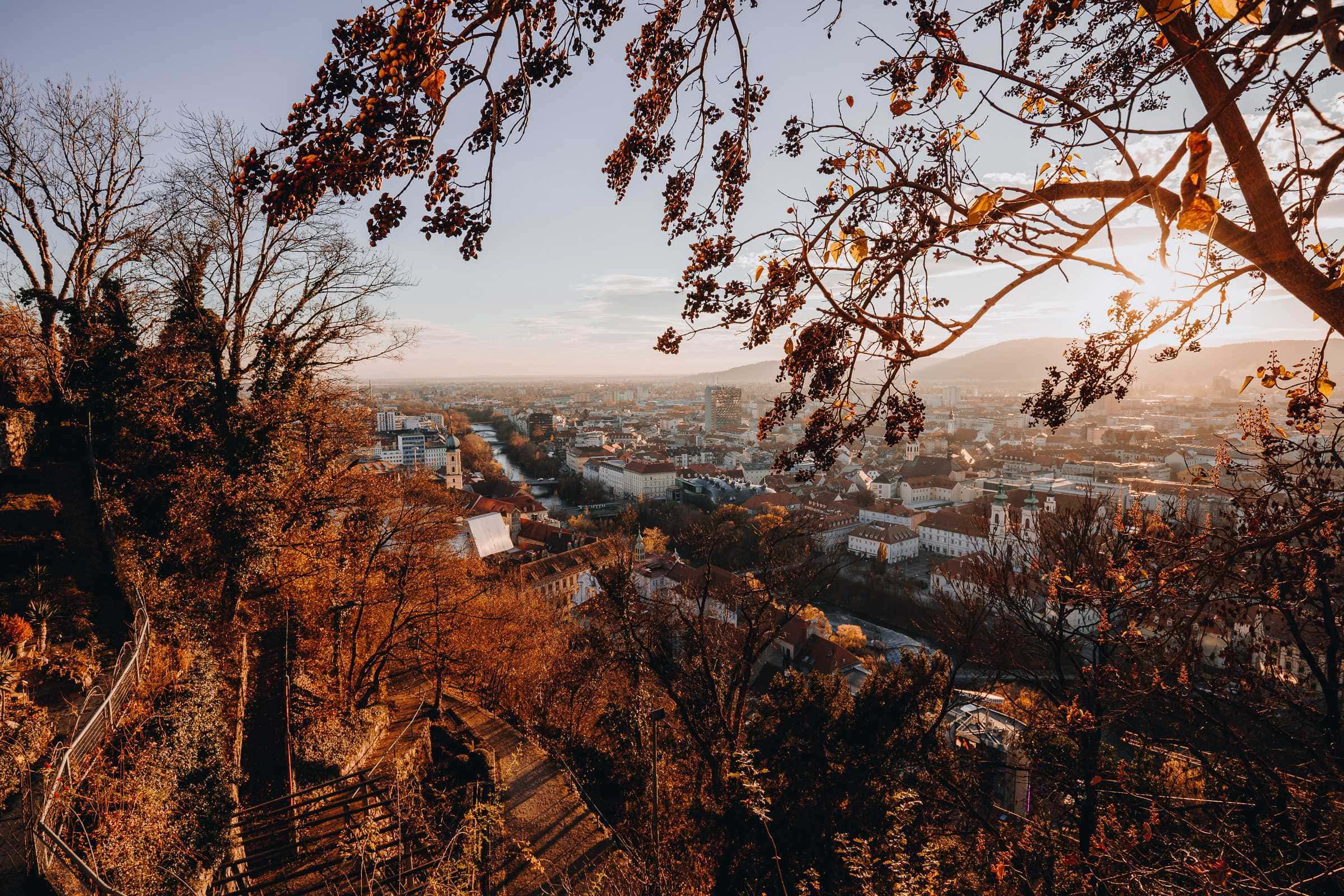 Sonnenuntergang Graz Schlossberg Mur Altstadt