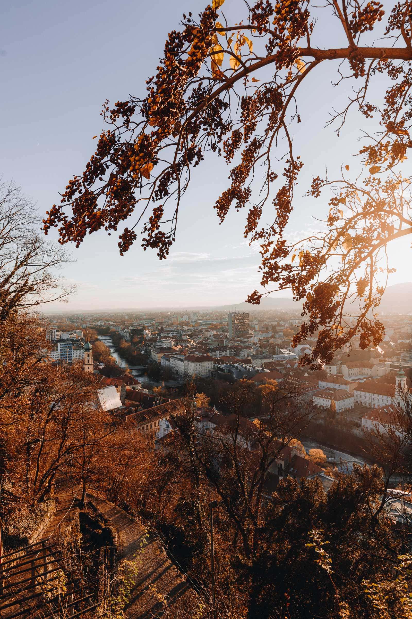 Schlossberg Graz fall sunset