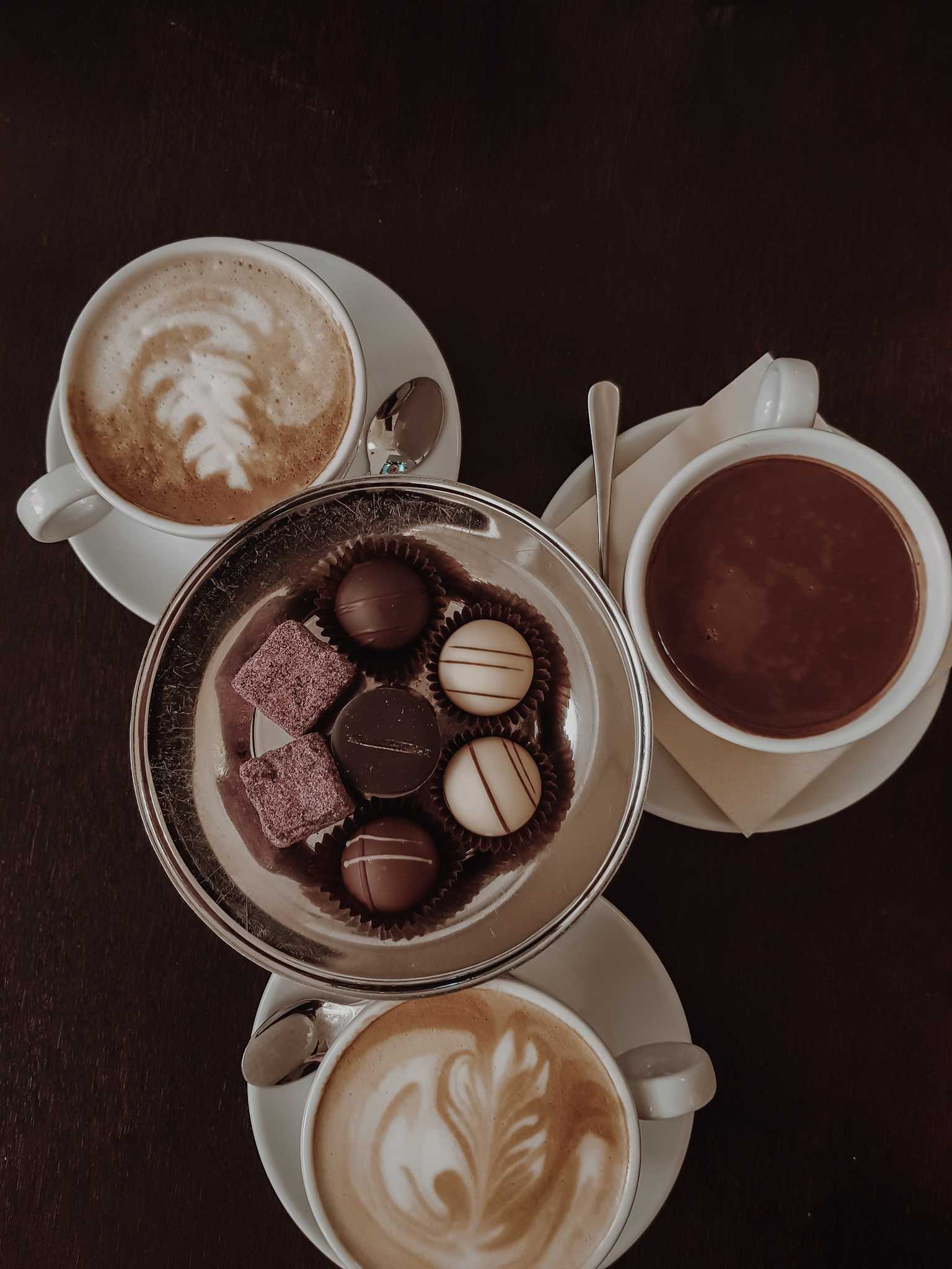 Breslau Sehenswürdigkeiten Pralinen auf Silbertablett und Cappuccino in Café
