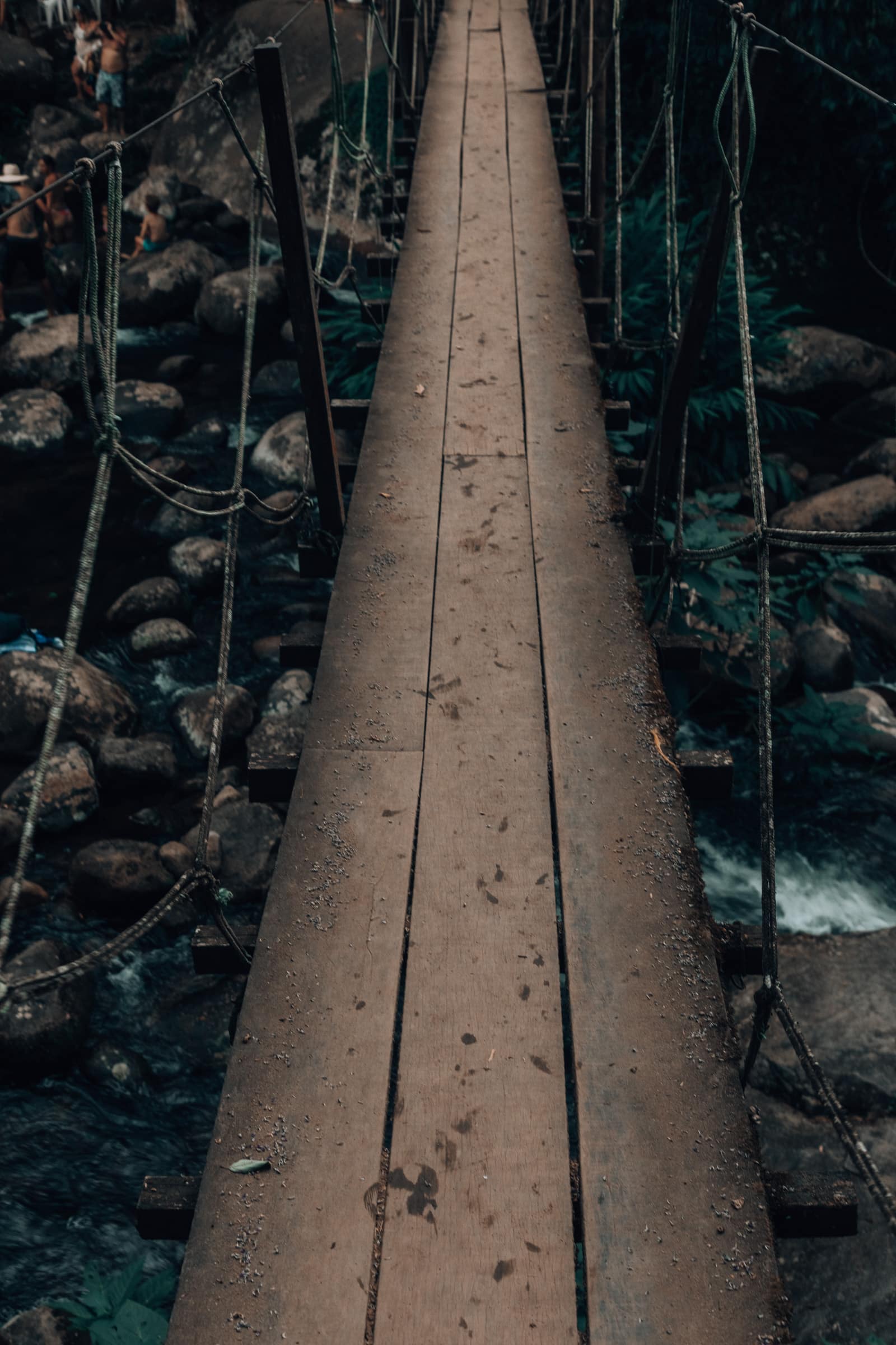 Hängebrücke im dunklen Dschungel