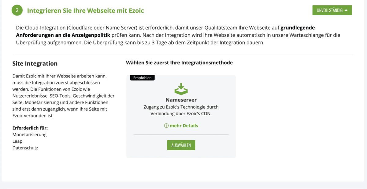 Ezoic Integration auf der Website