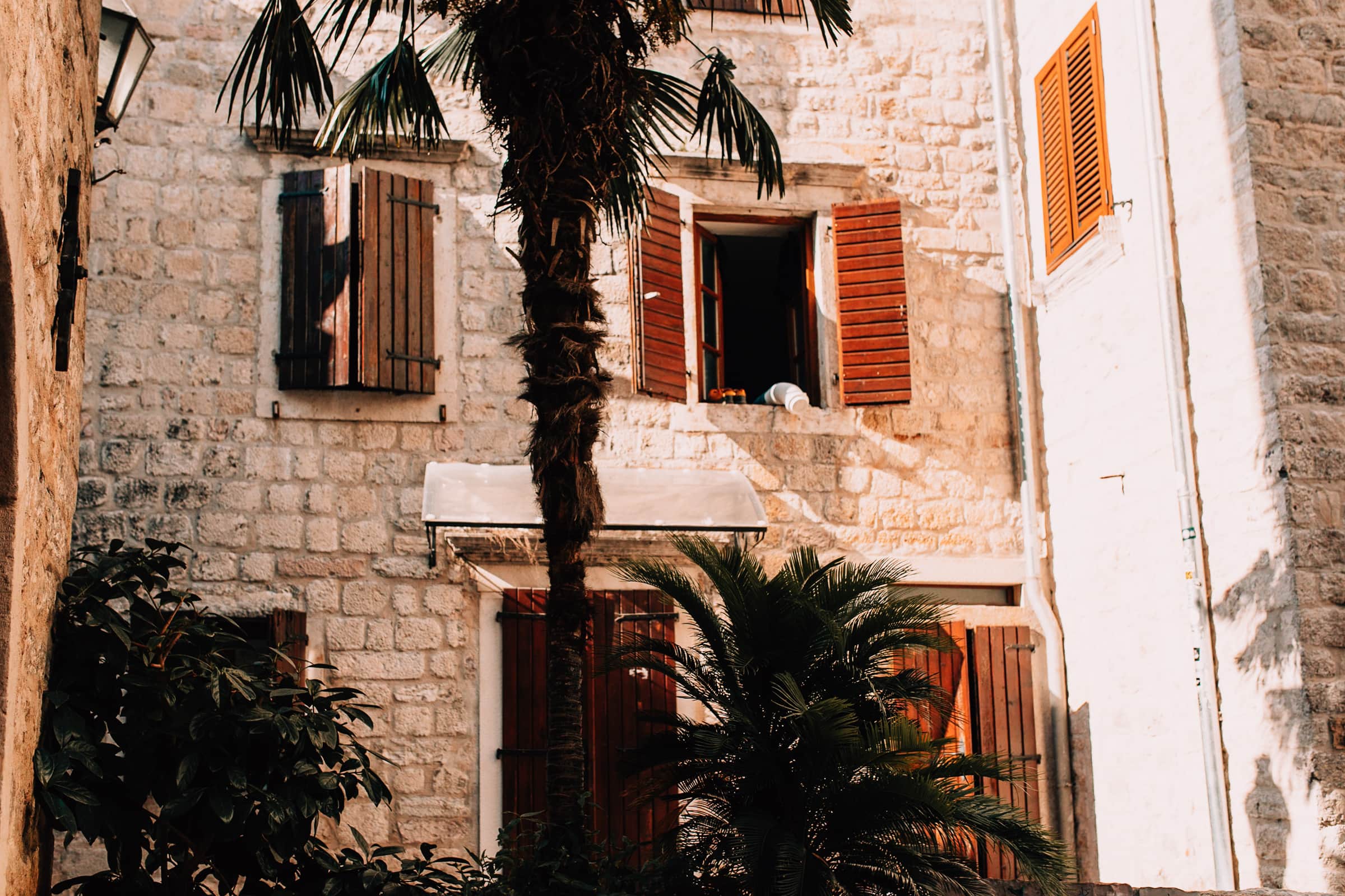 Mediterranes Steinhaus mit Palmen und Fensterläden.