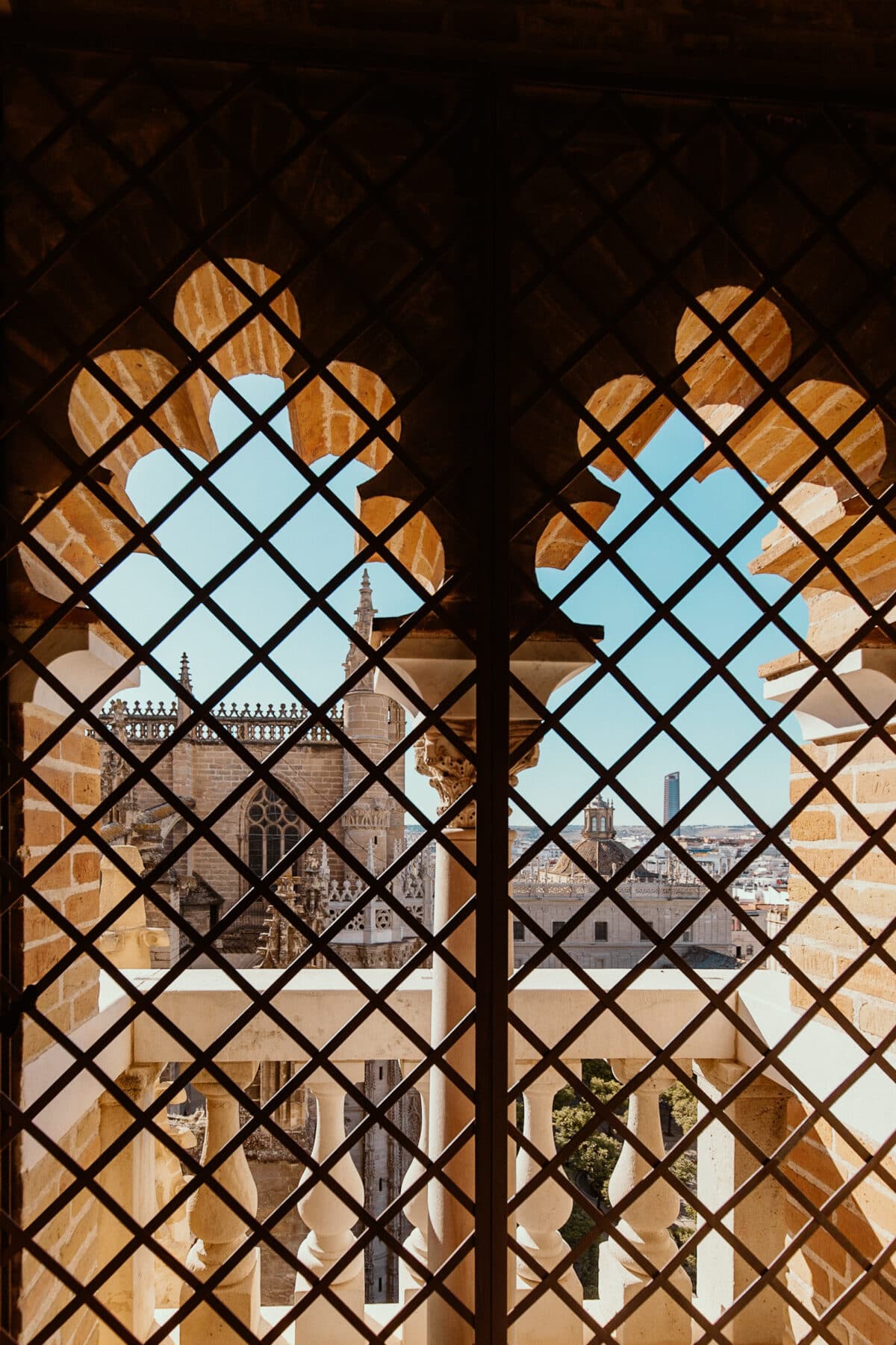 Blick durch gotisches Fenstergitter auf historische Gebäude.