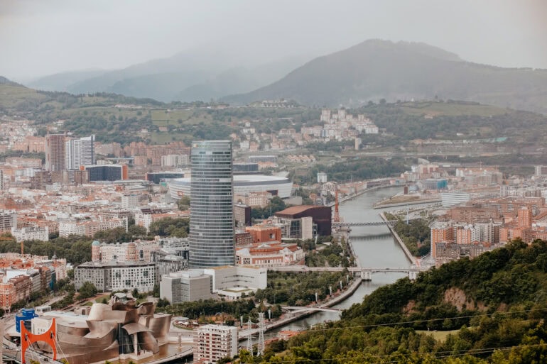 View of the city of Bilbao with Guggenheim Museum, Nervion and Iberdrola Tower