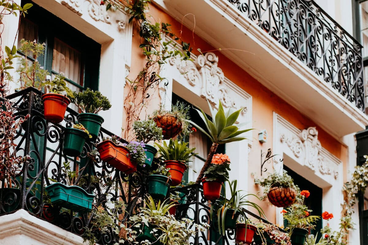 Balkon mit bunten Blumentöpfen und Pflanzen.