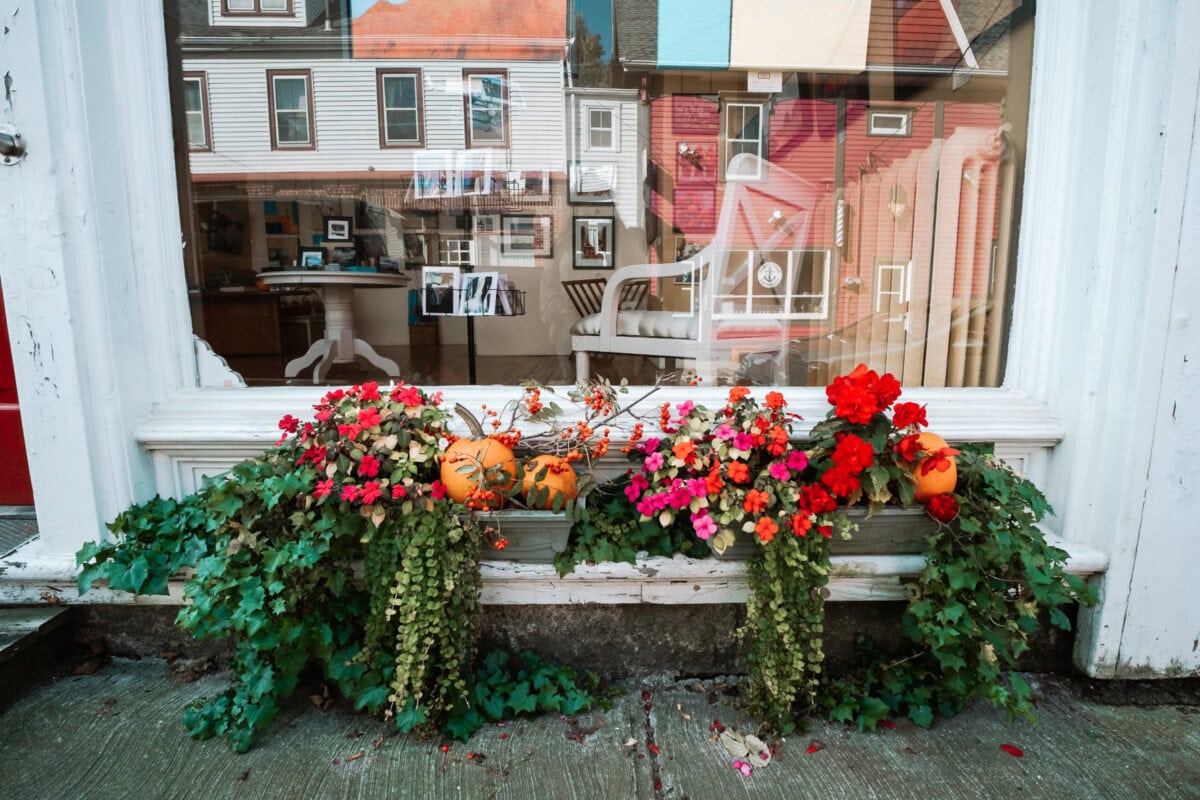 Fensterblumenkasten mit Herbstblumen und Kürbissen