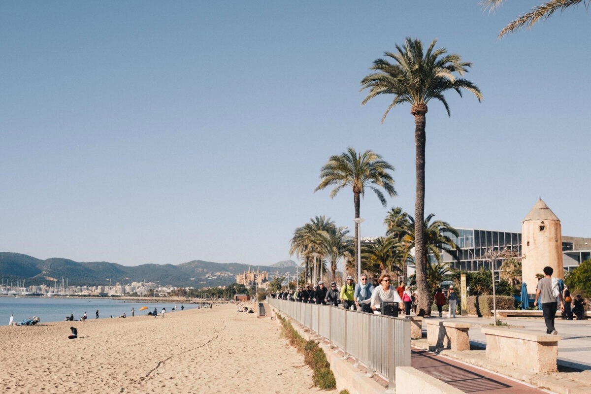 Strandpromenade mit Palmen und Radfahrern am Meer