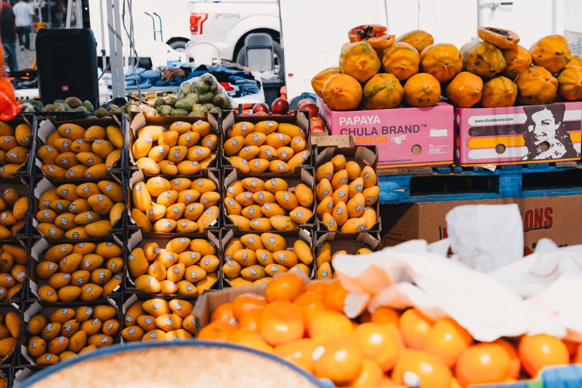 Verschiedene Früchte auf einem Marktstand ausgestellt.