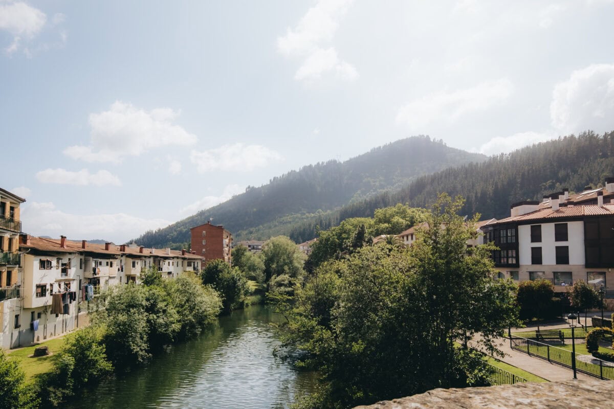 Stadt am Fluss mit bewaldetem Hügel.