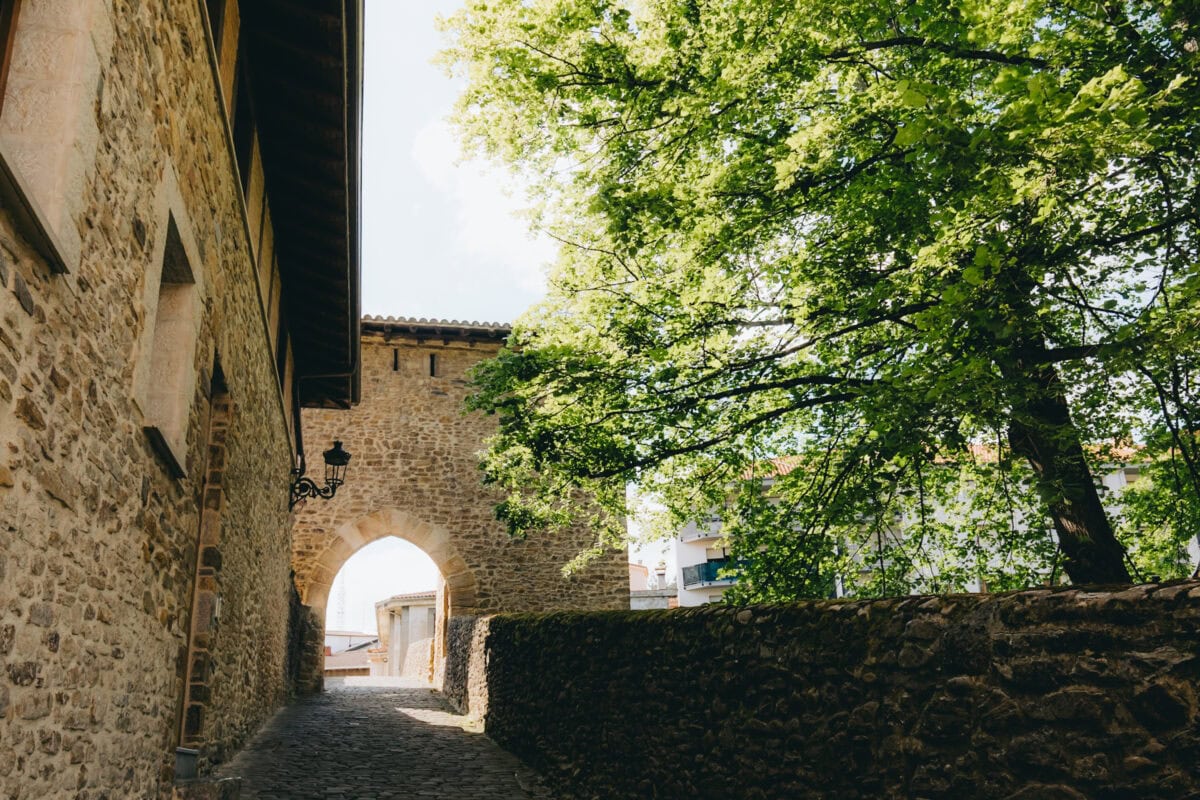 Steinmauer mit Torbogen und Baum im Sonnenschein