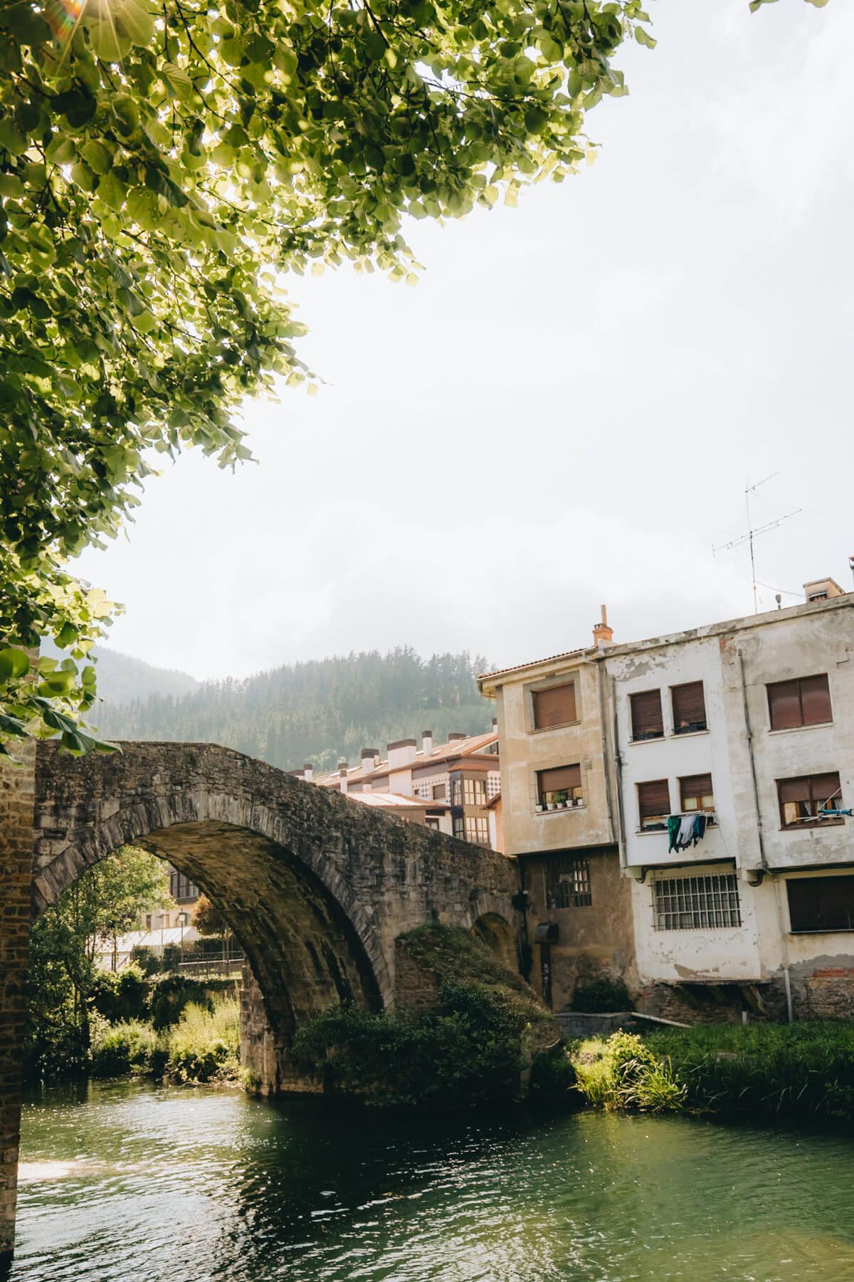 Steinbrücke neben alten Gebäuden und Fluss im Wald.