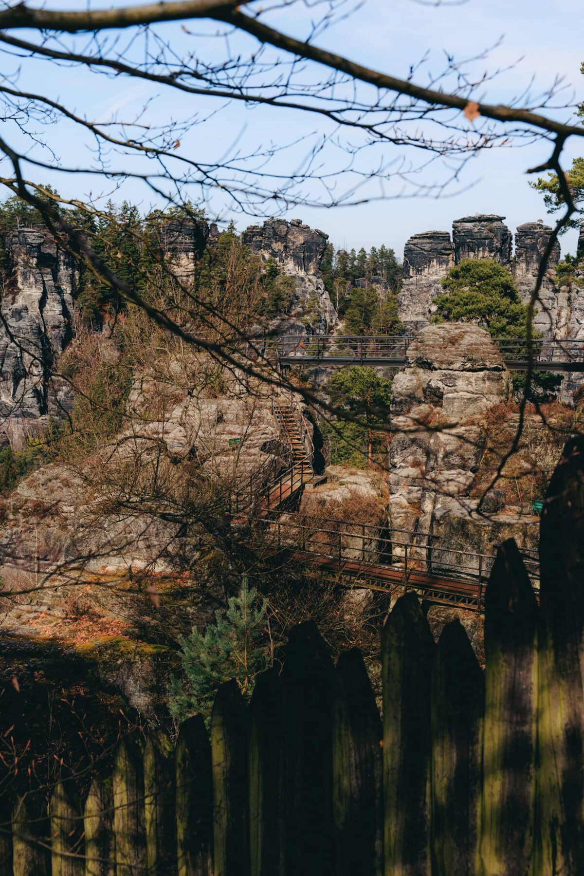 Rocky landscape with bridge and stairs in the forest