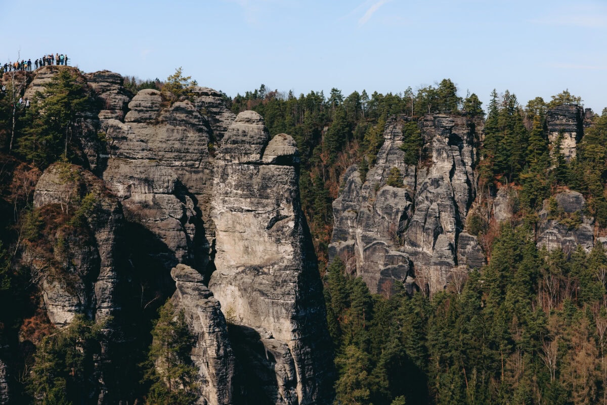 Rock formations in the Elbe Sandstone Mountains with hikers