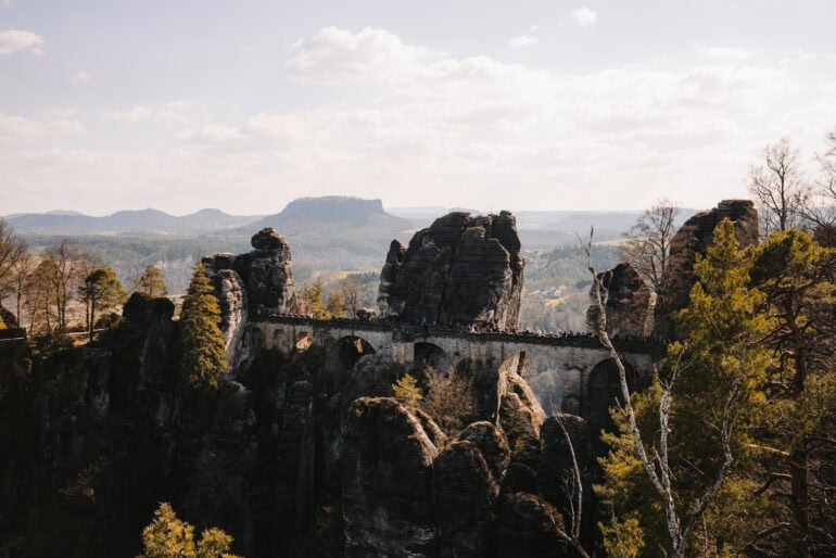 Bastei bridge in the Elbe Sandstone Mountains in sunlight