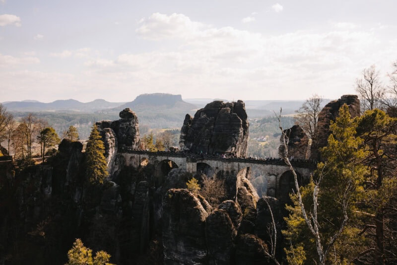 Bastei bridge in the Elbe Sandstone Mountains in sunlight