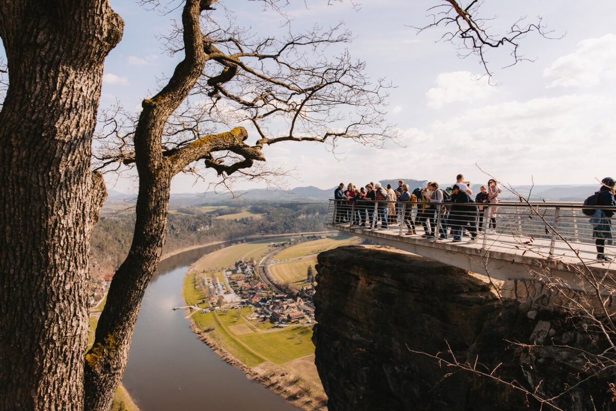 Panoramic view of the Bastei Bridge with tourists