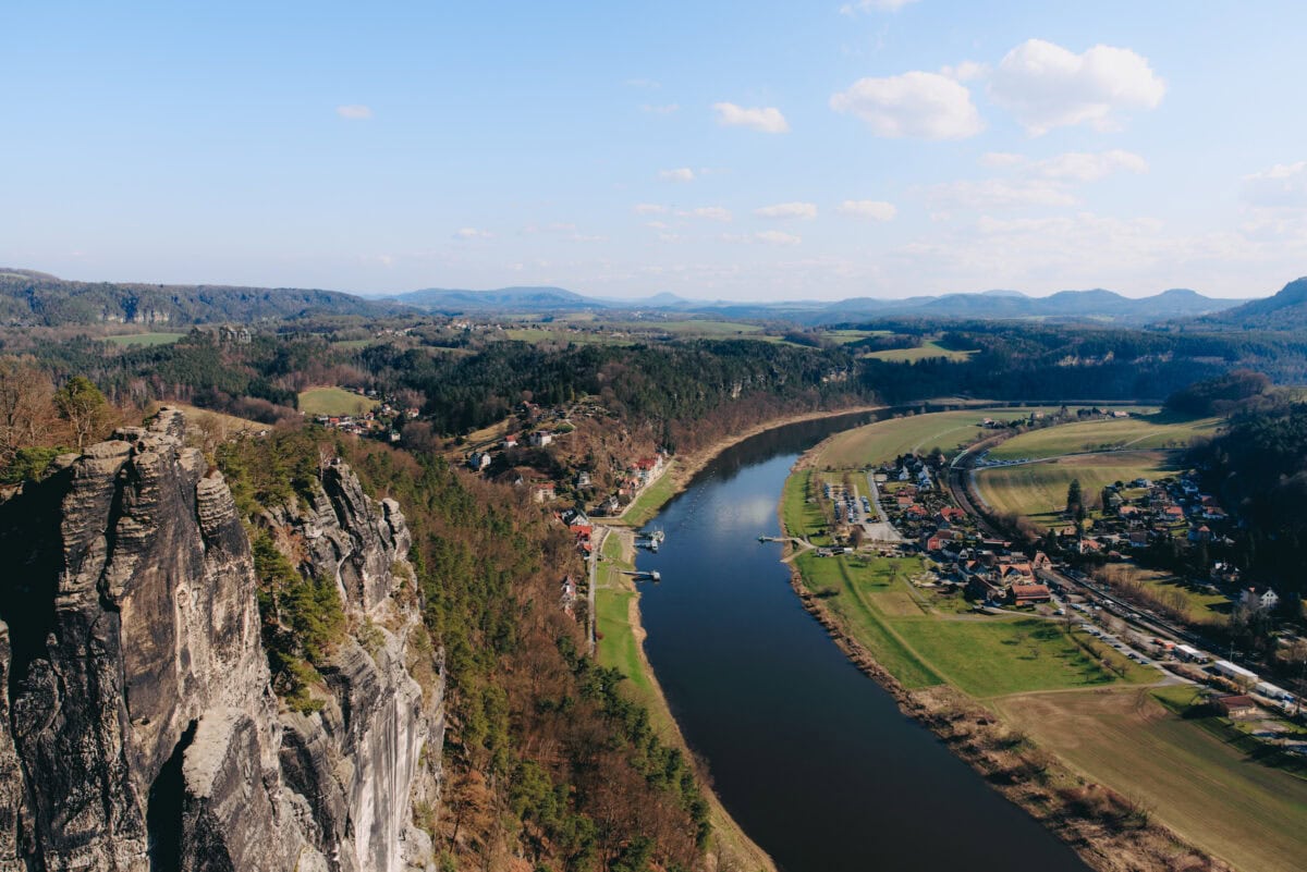 River valley with rocks and village from the air