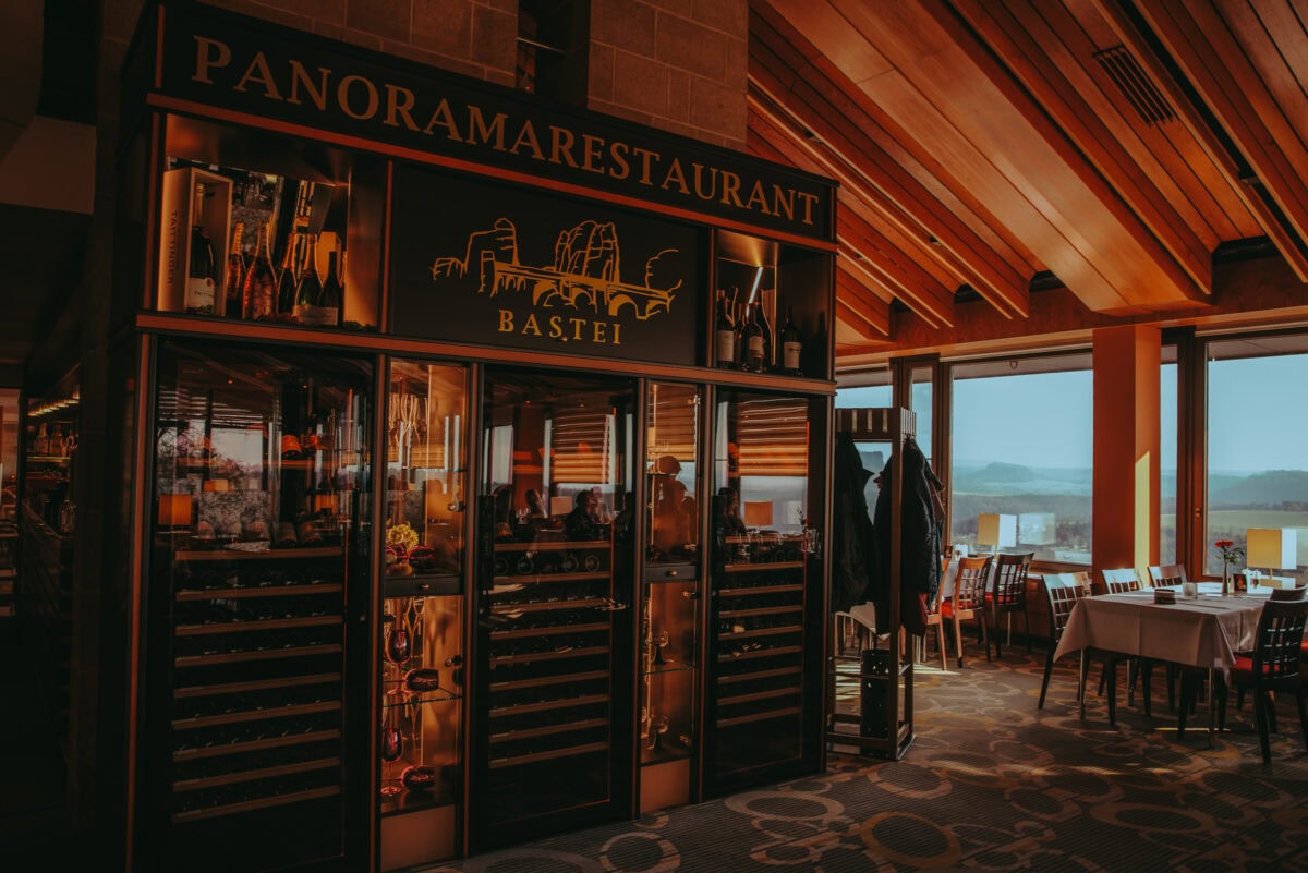 Interior of the Bastei panorama restaurant with wine cabinet