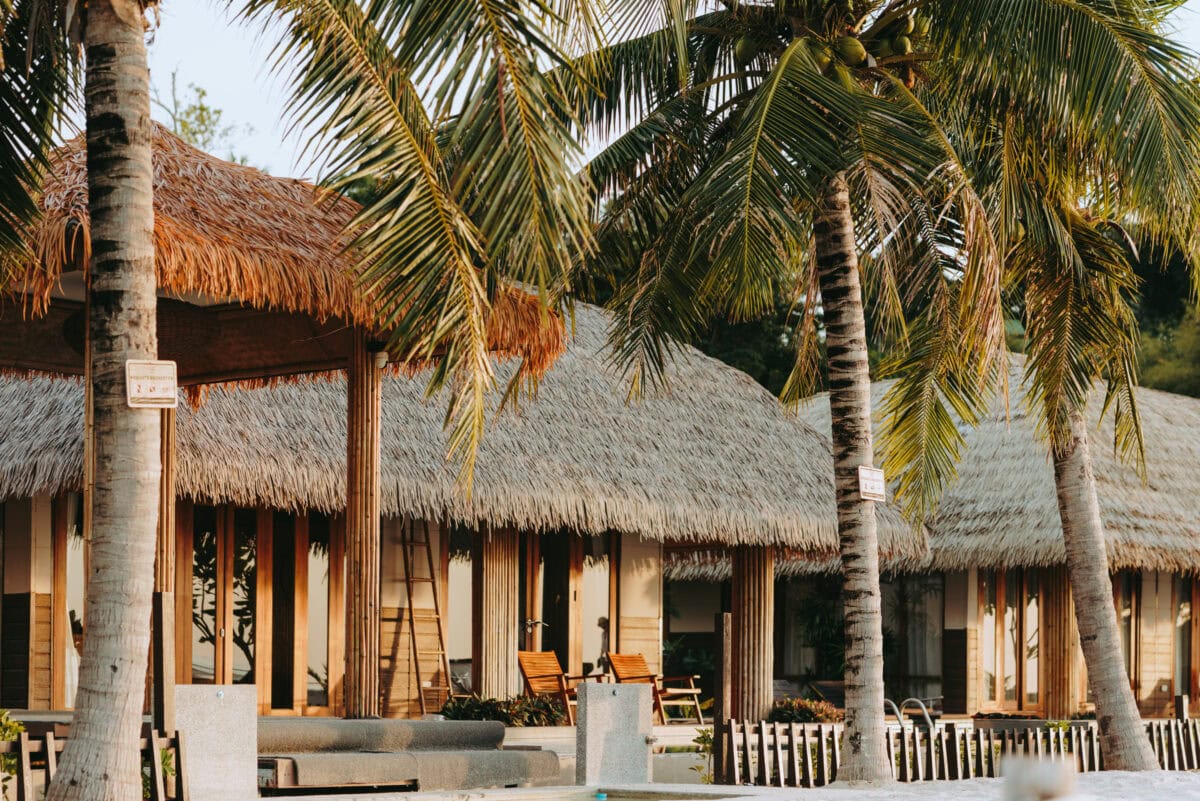 Tropische Strandbungalows unter Palmen mit Reetdach