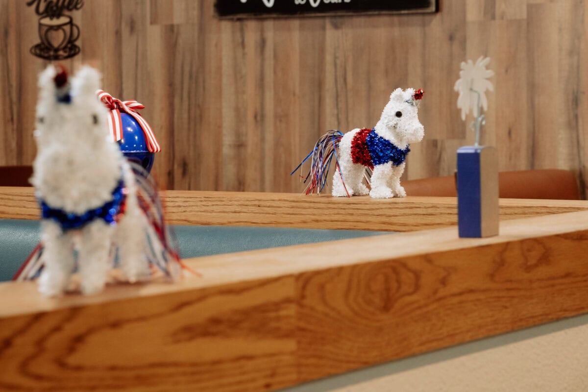Patriotische weiße Tierfiguren mit rot-blauem Glitzerschmuck auf Holztheke