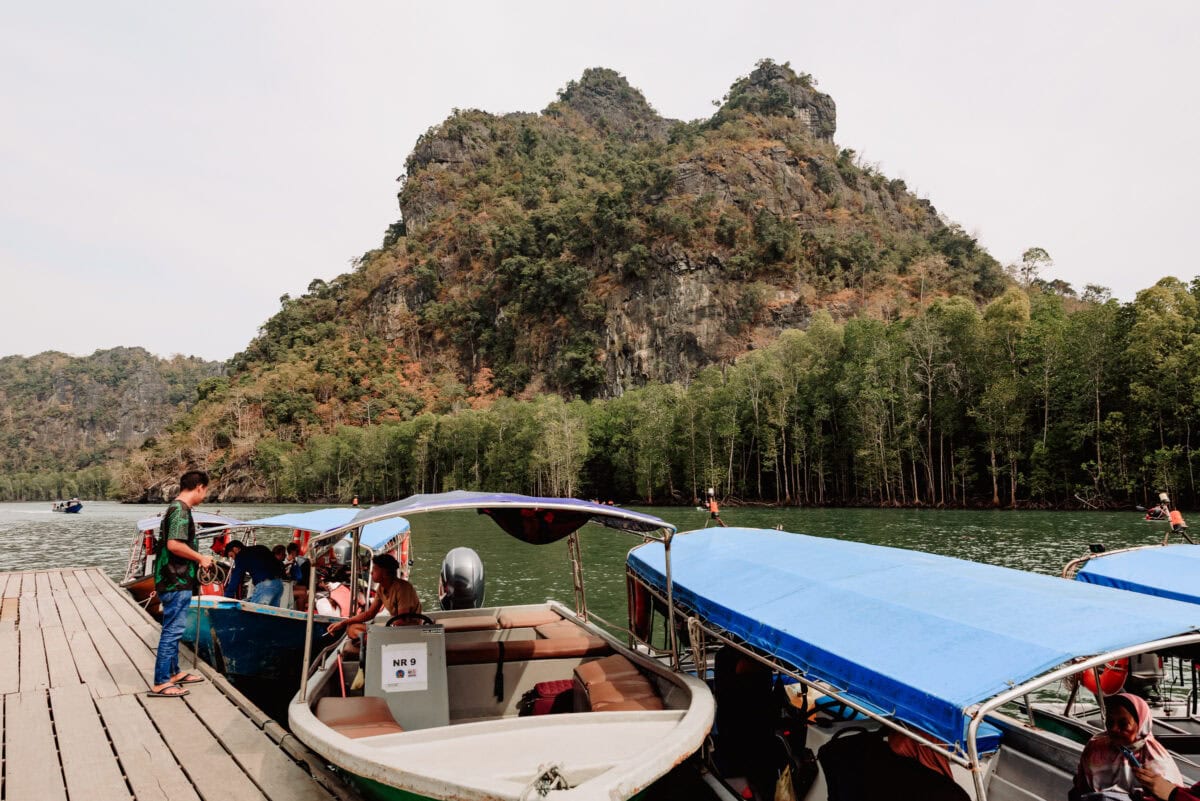 Touristenboote am Steg mit Karstfelsen und Mangroven