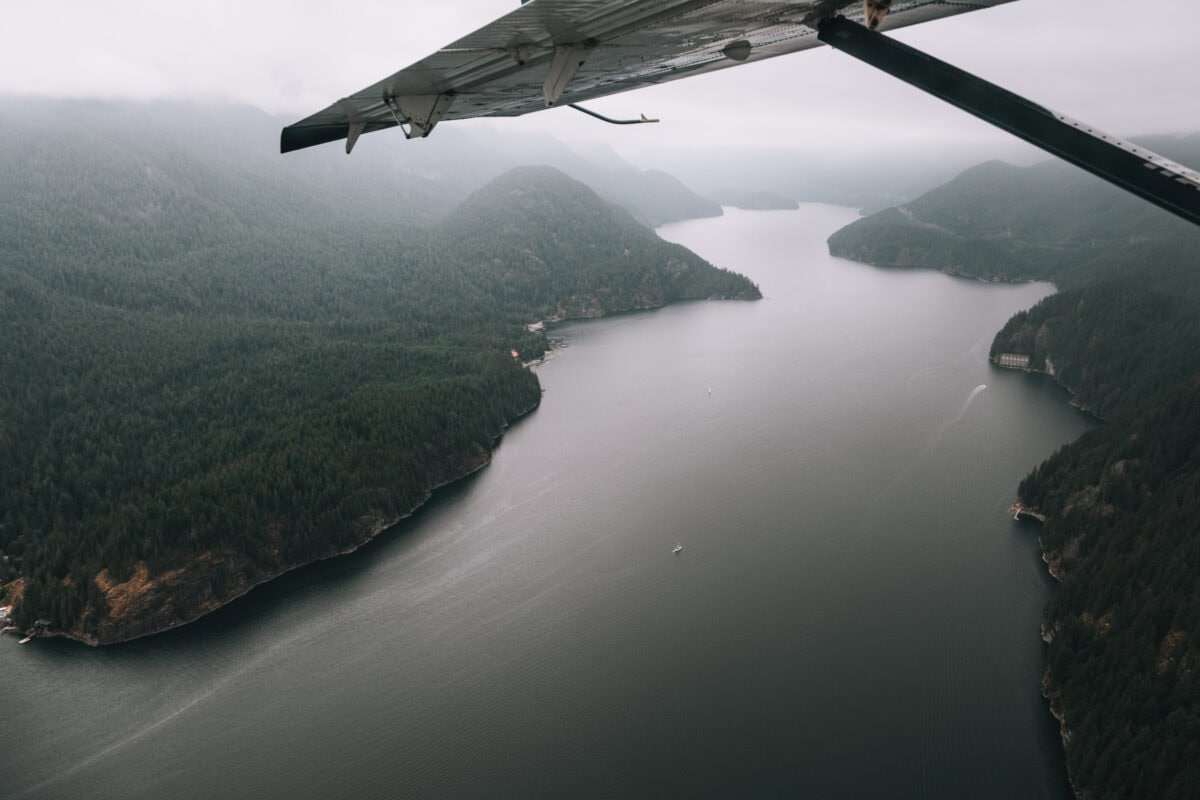 Luftaufnahme eines Fjords mit bewaldeten Bergen aus dem Flugzeug