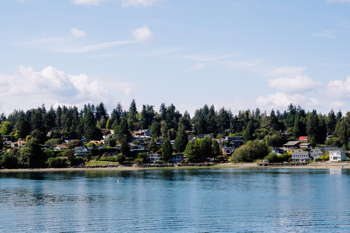 Küstenstadt mit Häusern und Wäldern am ruhigen Wasser